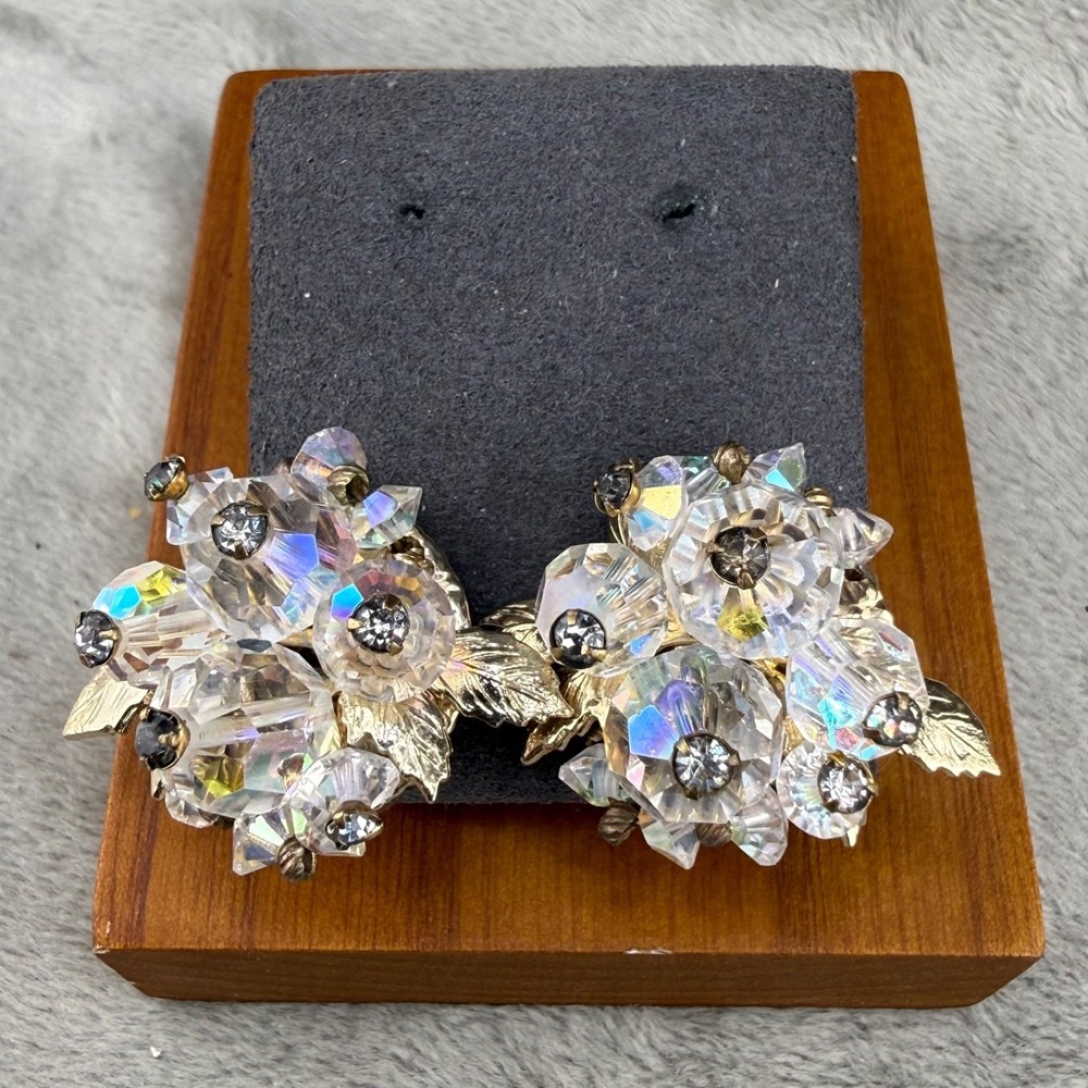 Vintage Vendome Clip On Earrings Gold‎ Tone AB Rhinestone
